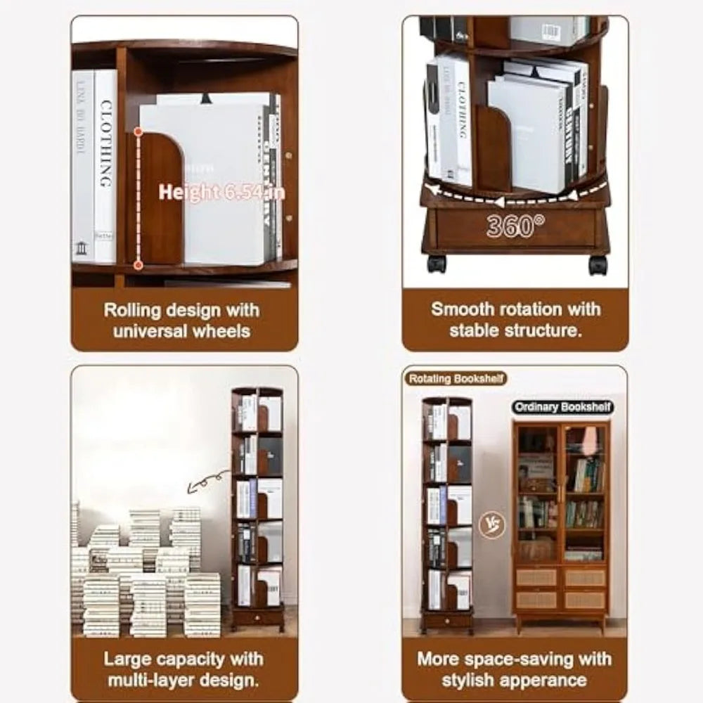 Solid Wood Rotating Bookshelf Tower 360 Round Revolving Bookcase with Drawers Spinning Bookshelf for Home Office Study Room Walnut