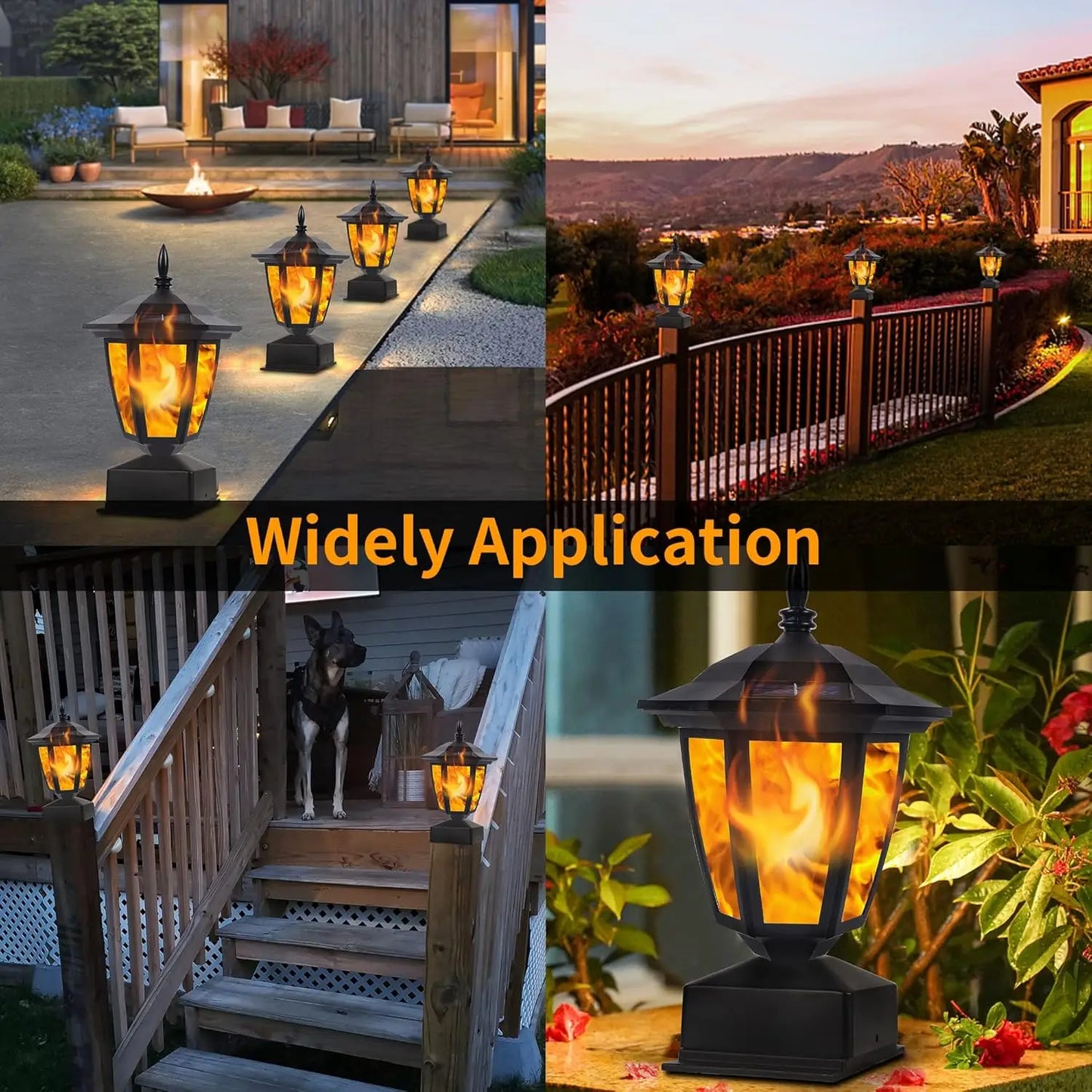 Waterproof Outdoor Solar Flame Post Light Flickering Flame LED Lantern Decoration for Garden Patio Fits 4x4 5x5 or 6x6 Wooden Post
