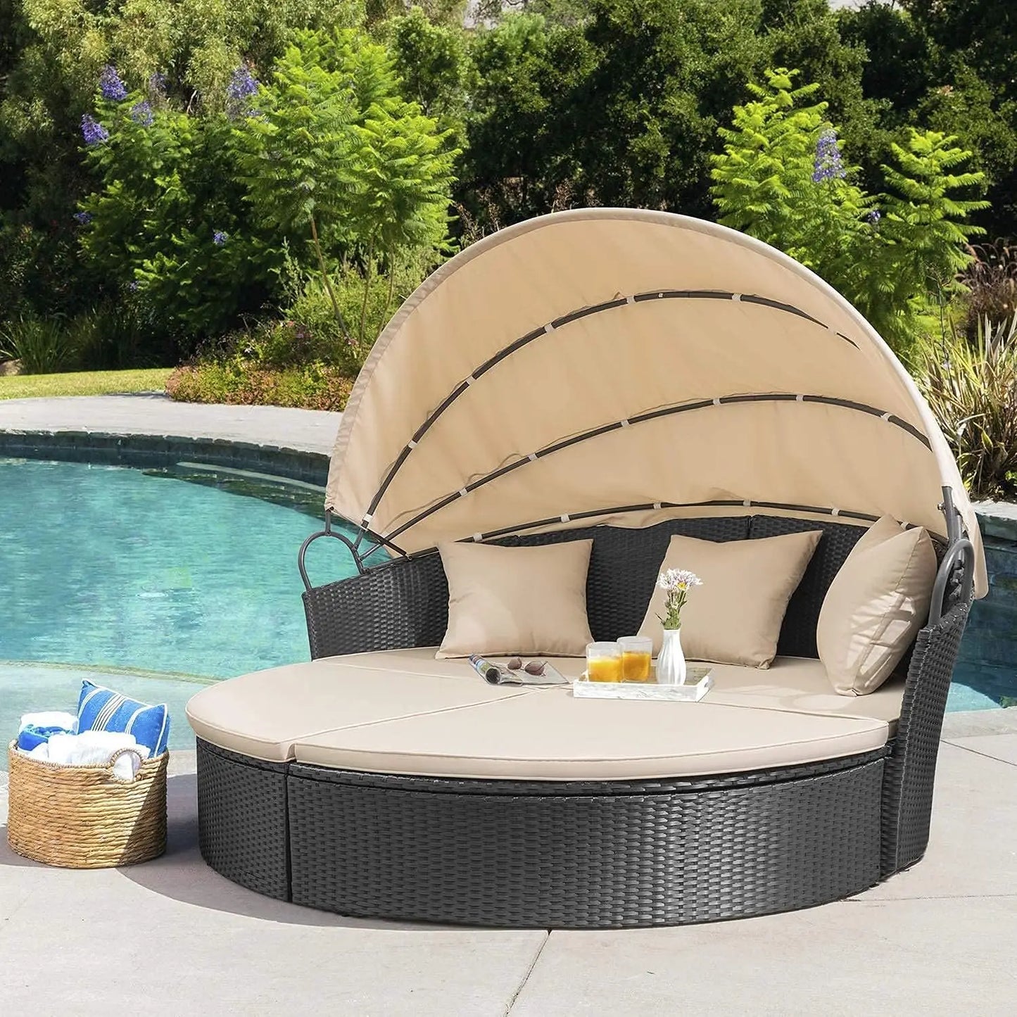 Outdoor Daybed With Retractable Canopy Rattan Cushions