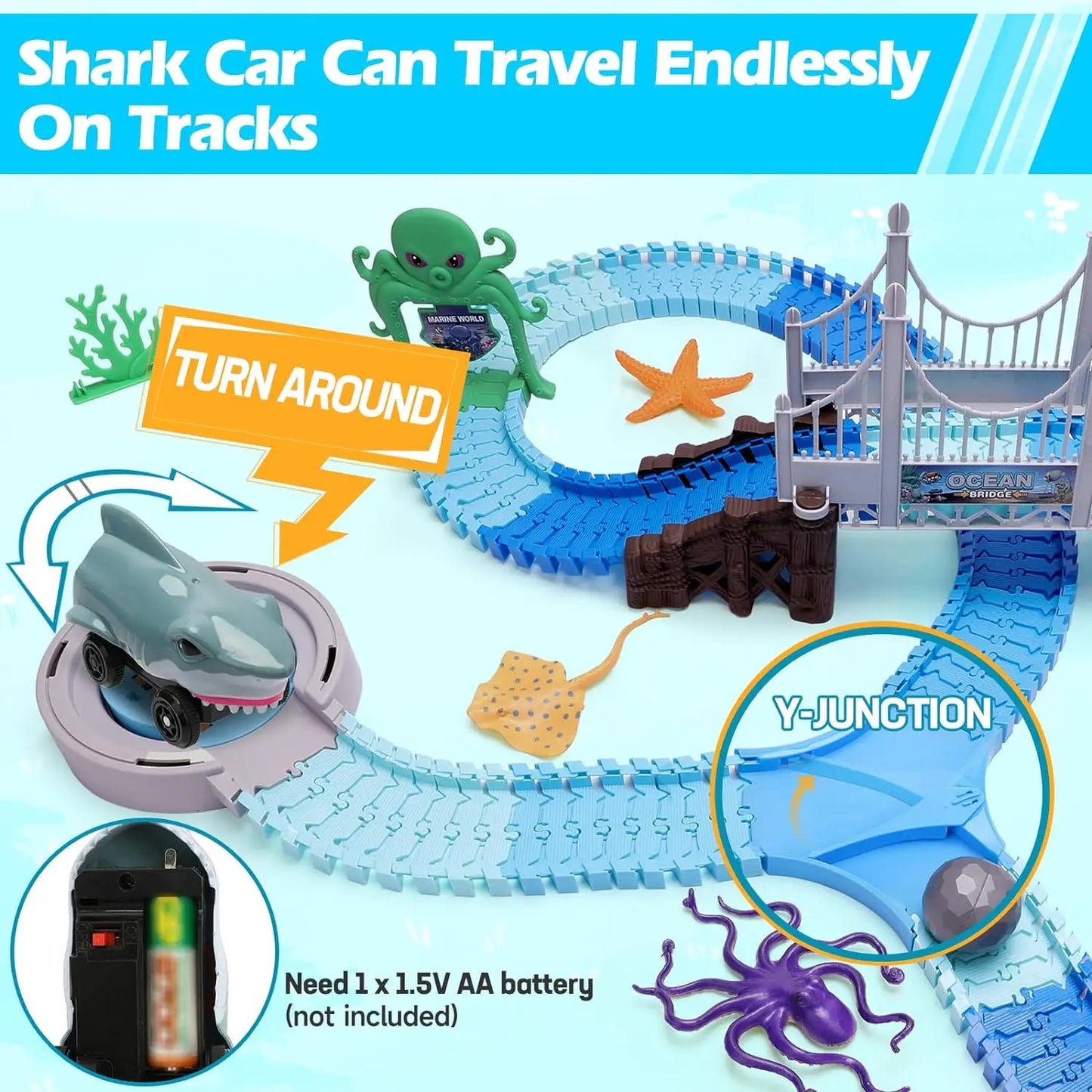 Vatos Track Toys Shark Race Car Toy for Boys and Girls Age 3 Plus Bendable Flexible Racetrack Cars Ocean Train Toy STEM Educational Kid Set