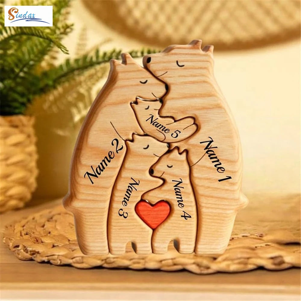 Personalized Custom Bear Family Wooden Puzzle DIY Free Engraving Name Desk Decor Figurine Christmas Birthday Gift