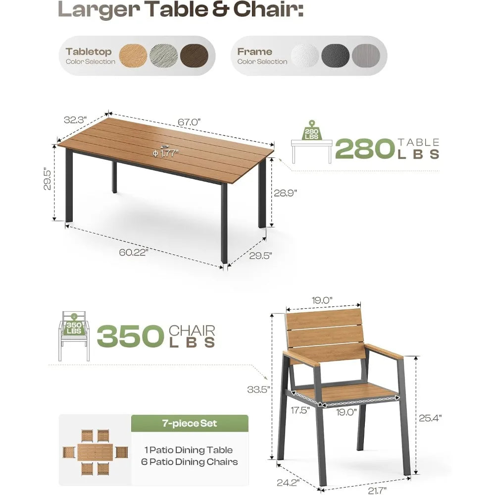 Outdoor Dining Set for 6 with Umbrella Hole 7 Pieces HDPS Patio Table and Chairs Set
