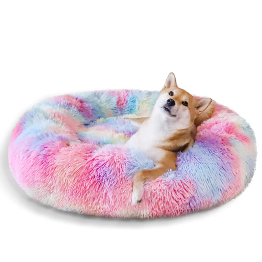 Calming Donut Pet Bed for Large Dogs 36 Inch Anti Anxiety Plush Cozy Warming Dog Bed Pink Rainbow