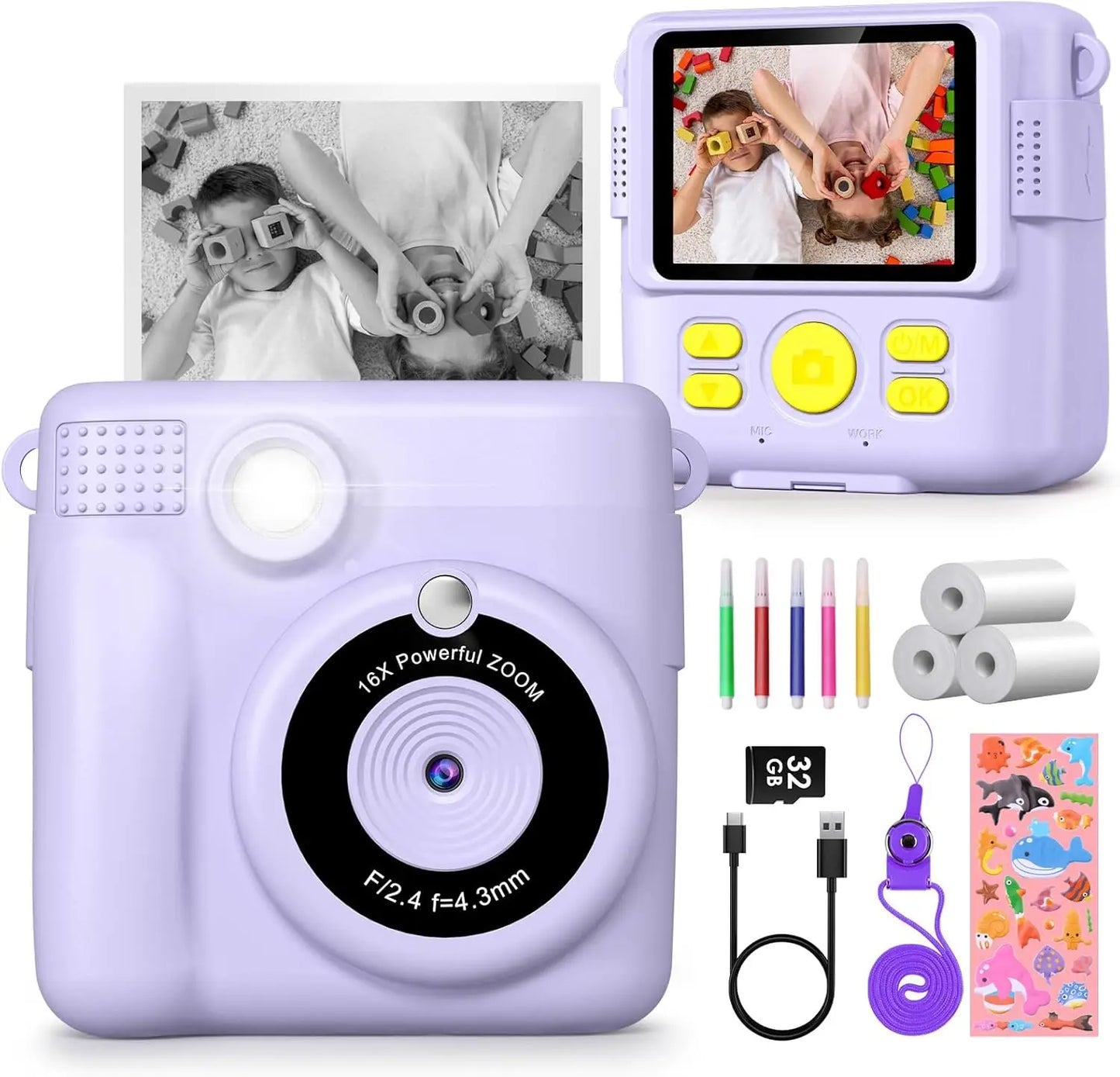 Kids Digital Camera 1080P HD Instant Print Portable Camera Toy with 32GB Card Gift for Boys and Girls Ages 3 to 12