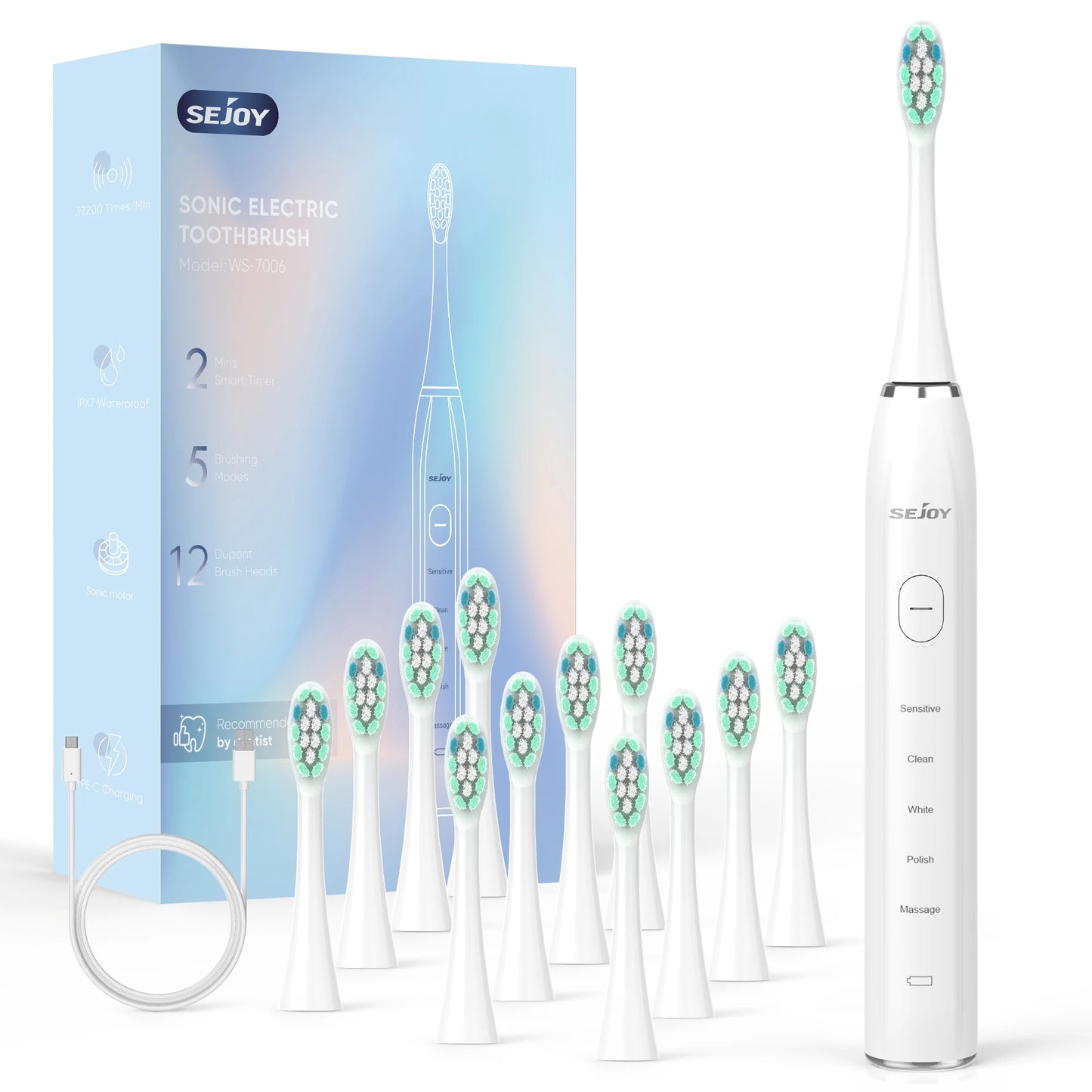 Sejoy USB Rechargeable Smart Electric Toothbrush 12 Heads