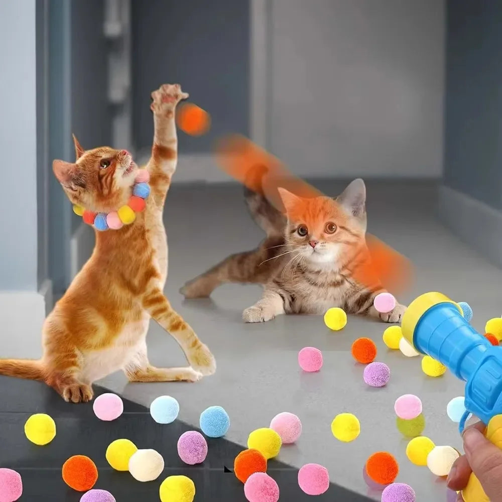Cat Toy Ball Launcher Gun with 50 to 100 Piece Pom Pom Plush Balls Interactive Fetch Shooting Gun for Cats