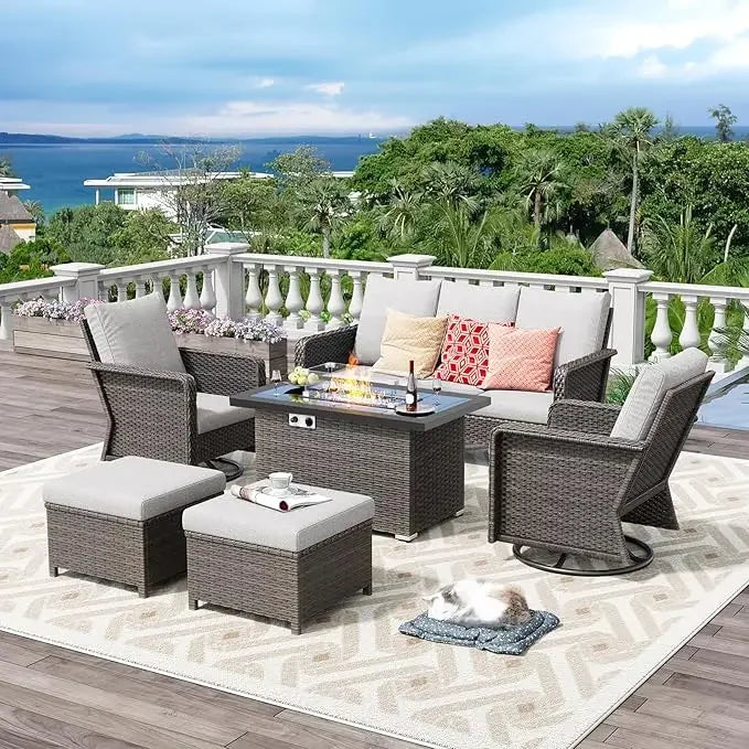 6 Piece Patio Furniture Set with Fire Pit Table 44 Inch Backyard Furniture with Swivel Chairs Loveseats and Ottoman Outdoor Patio