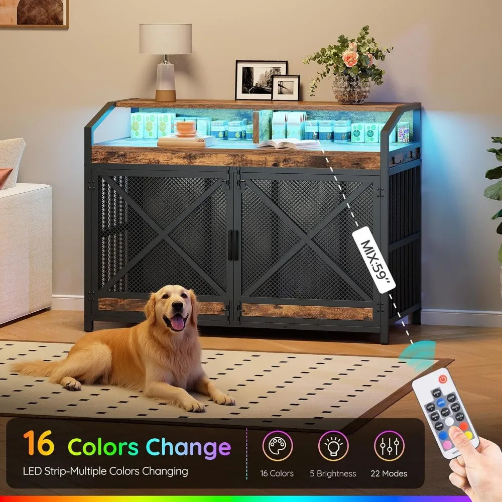 43.3 Inch Dog Crate Furniture with Storage Shelves and LED Light Heavy Duty Dog Kennel Indoor Wooden Dog Cage End Table with Hooks