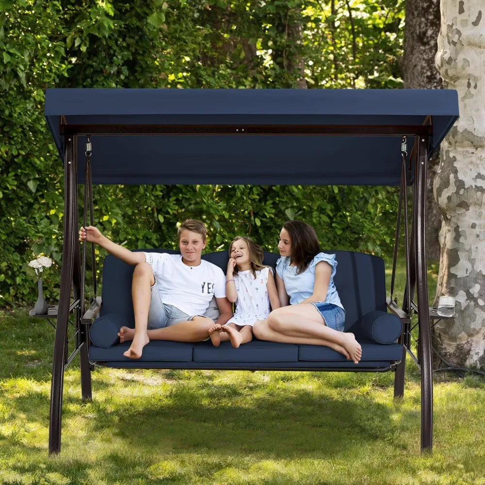 3 Person Outdoor Porch Swing with Adjustable Canopy and Deep Cup Holder Weather Resistant Patio Swing Bed