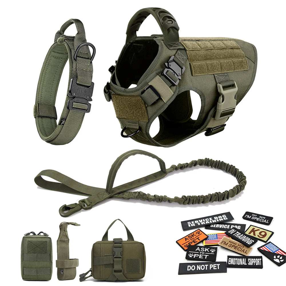 Military Large Dog Harness Collar Leash Bags Patches Set Tactical Vest for Malinois Training