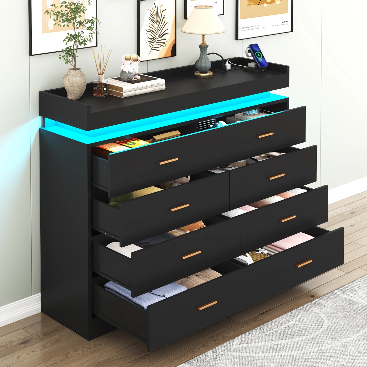 QiaoShiRen 8 Drawer Dresser With LED Lights For Bedroom