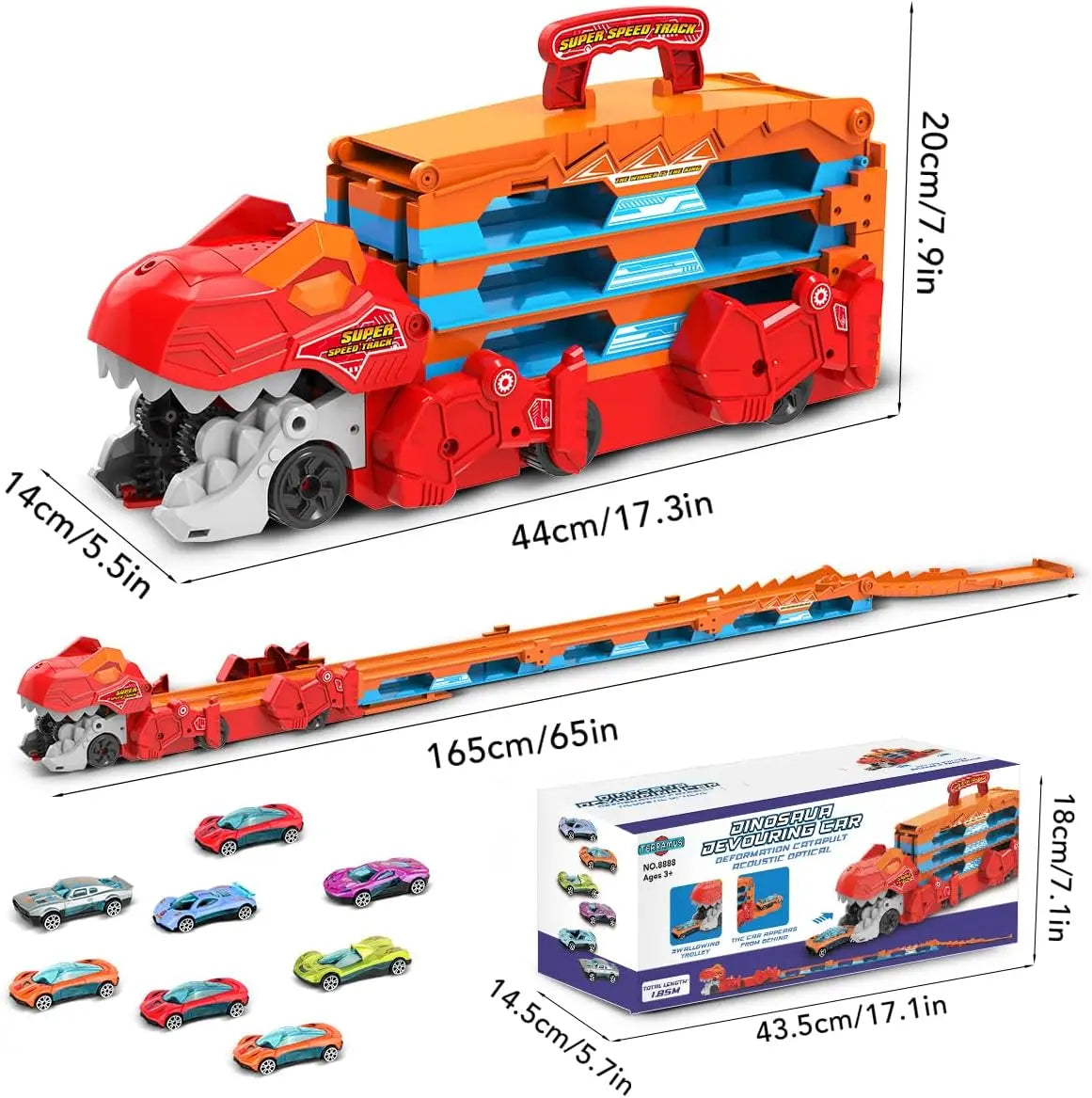 Dinosaur 3 In 1 Transport Truck Car Toys for Boys Age 3 Plus with 8 Race Cars Ejection Folding Portable Track Toy with Sound for Kids