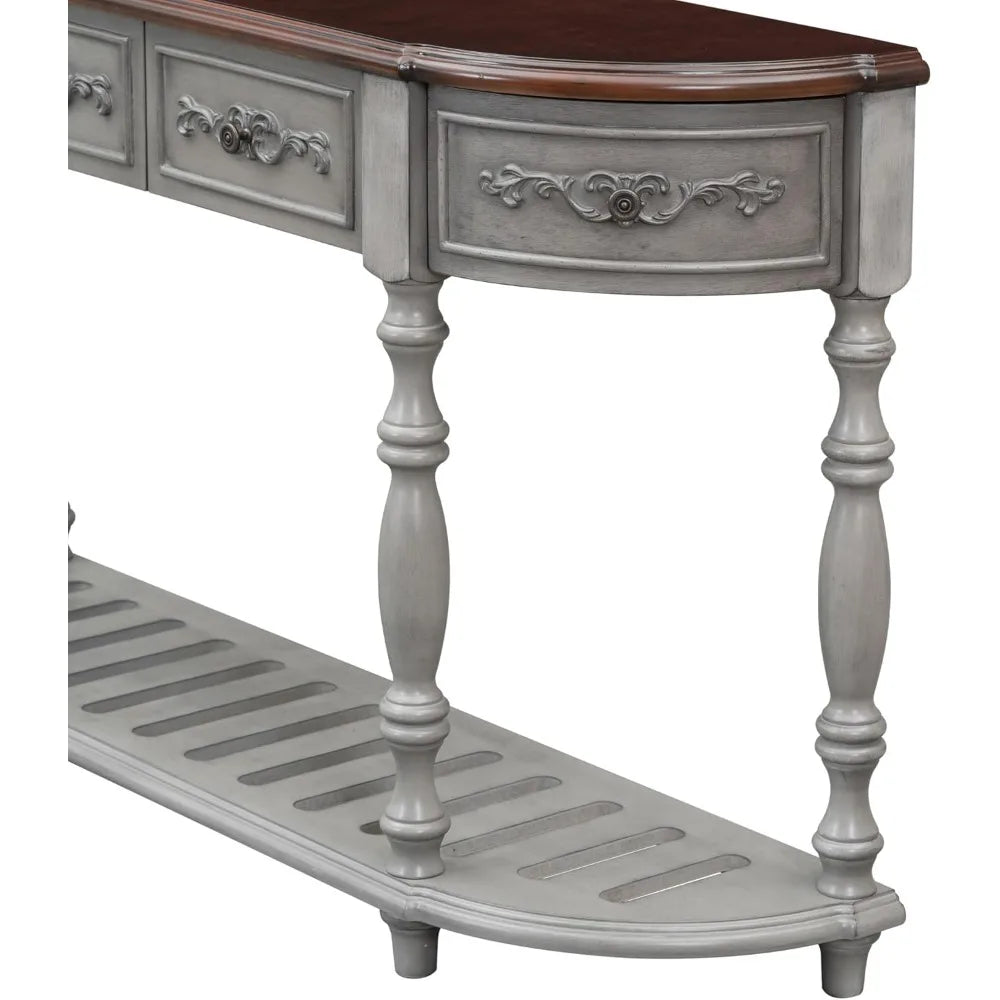 Retro Wood Curved Console Table 52 Inch Half Moon Hall Sofa Table with Drawers and Shelf for Living Room Entryway Furniture