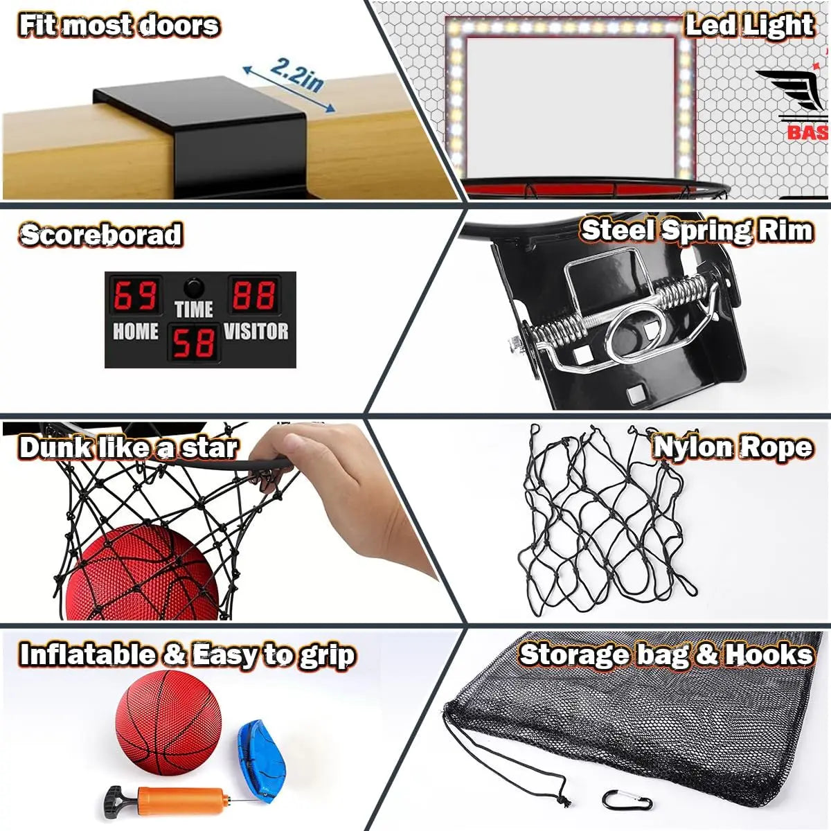Vatos 2x Basketball Hoop Indoor Outdoor Electric Mini Scoreboard with 4 Balls Toy Gift for Kids Boys Girls Sports Game