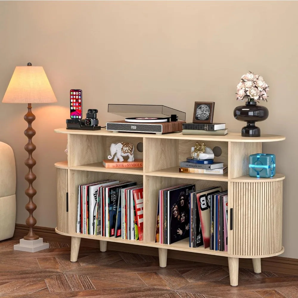 Large Round Record Player Stand with Charging Station and USB Ports Mid Century Modern Turntable Stand and Record Storage Cabinet