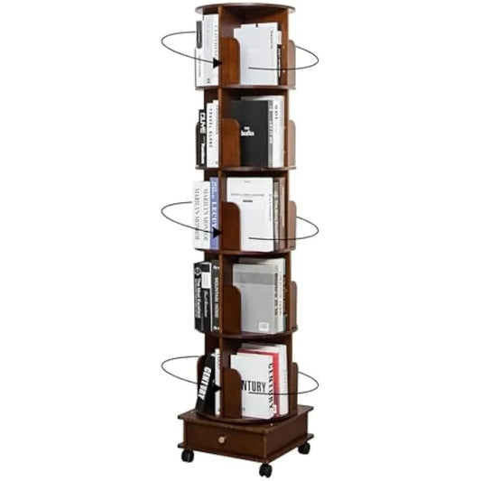 Solid Wood Rotating Bookshelf Tower 360 Round Revolving Bookcase with Drawers Spinning Bookshelf for Home Office Study Room Walnut