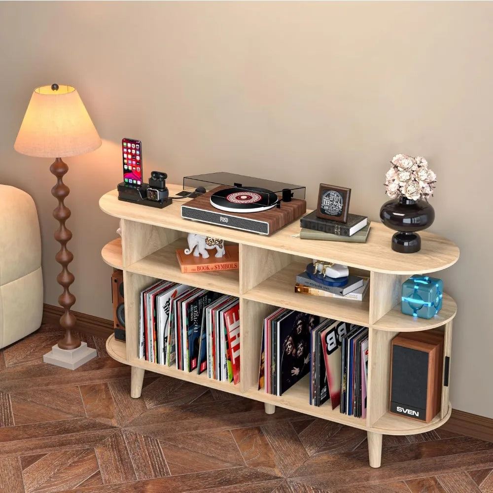 Large Round Record Player Stand with Charging Station and USB Ports Mid Century Modern Turntable Stand and Record Storage Cabinet