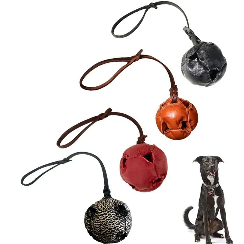 Leather Dog Training Ball Toy with Handle Soft Puppy Reward Tug Toy for Fetch and Catch