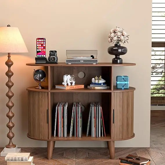 Large Round Record Player Stand with Charging Station and USB Ports Mid Century Modern Turntable Stand and Record Storage Cabinet